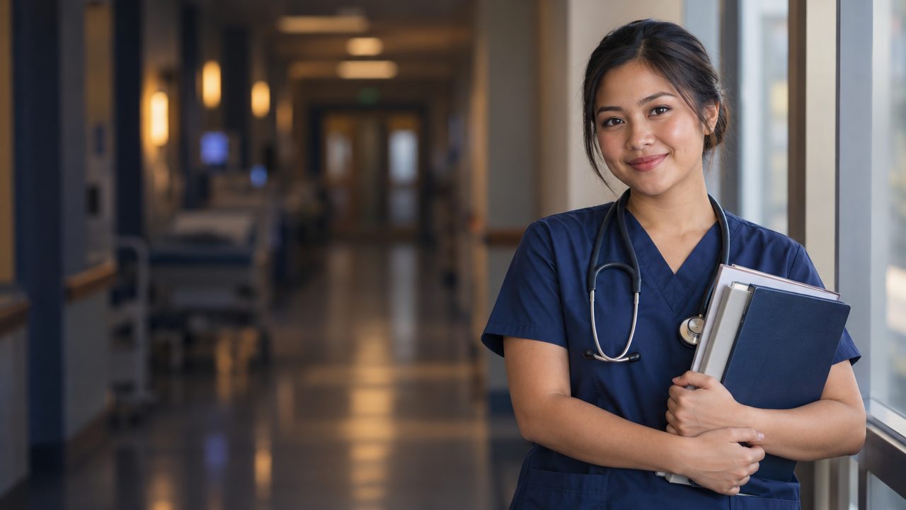 Smiling nurse in navy scrubs with a stethoscope, holding nursing review books in a hospital corridor