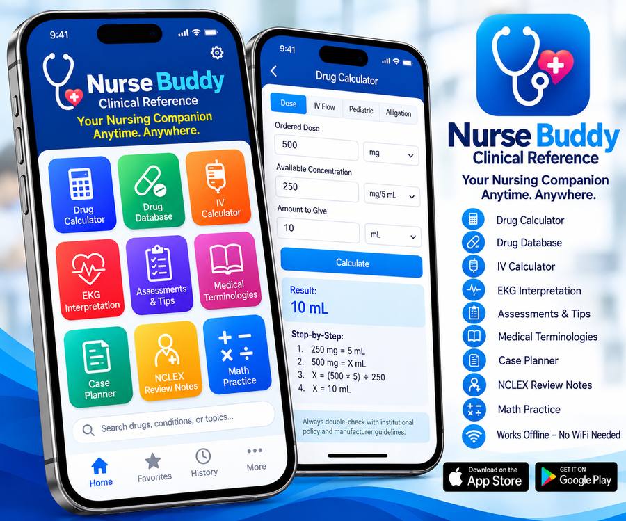Nurse Buddy Clinical Reference app on two phones, with its drug calculator and feature list
